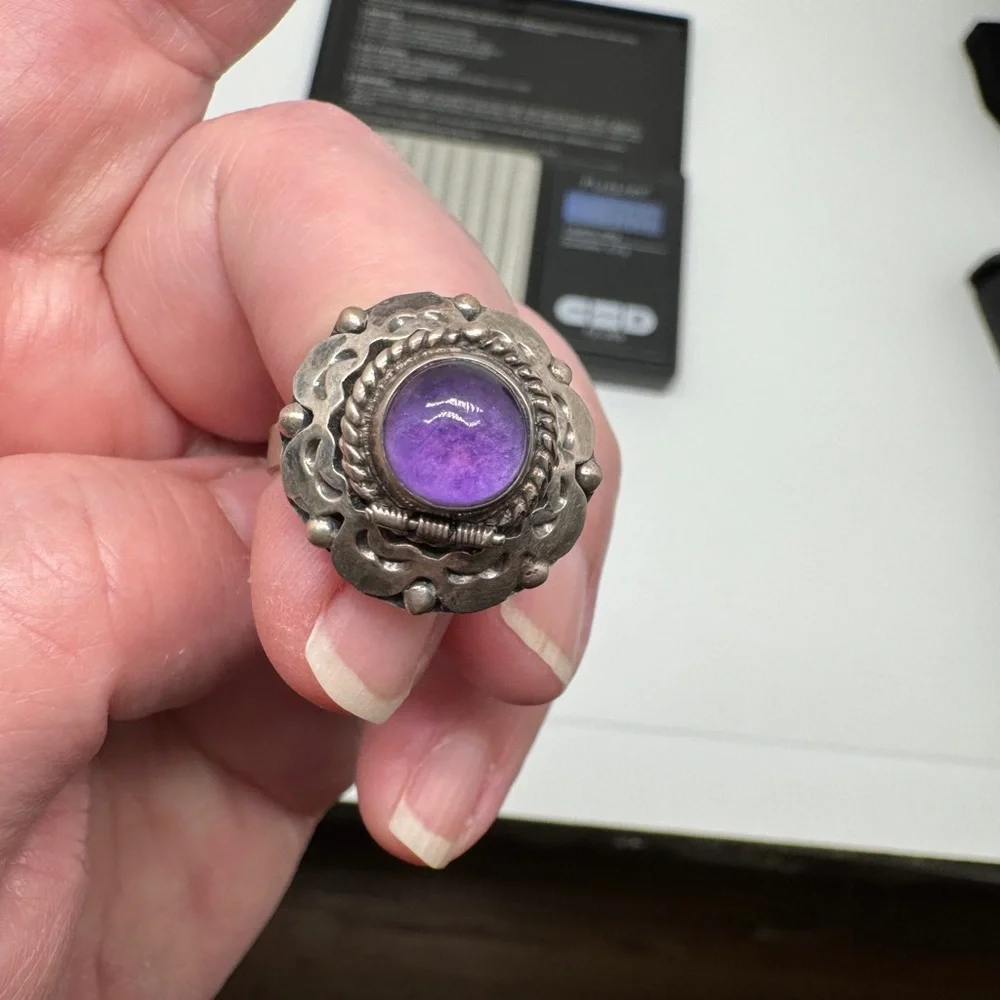 Vintage Taxco Sterling Silver Amethyst Poison Ring Adjustable